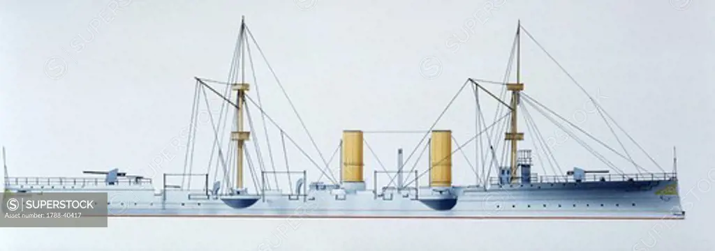 Naval ships - Italy's Regia Marina torpedo ram RN Piemonte, 1888. Color illustration
