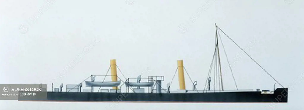 Naval ships - Italy's Regia Marina torpedo craft RN Pietro Micca, 1876. Color illustration