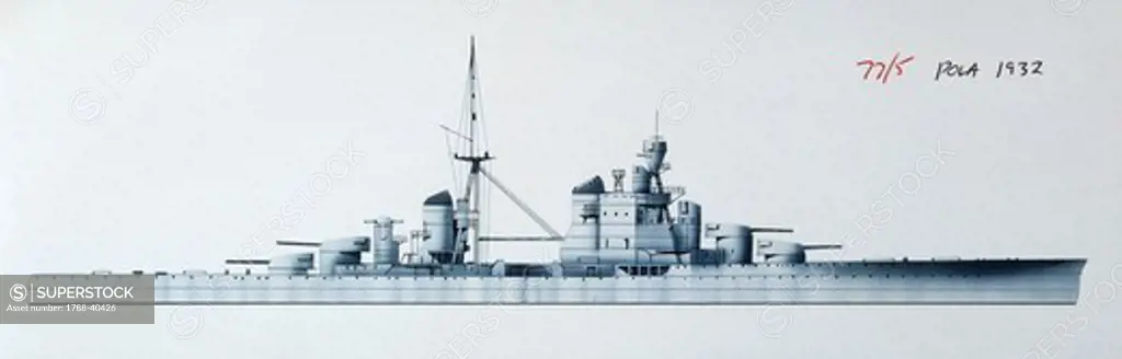Naval ships - Italy's Regia Marina heavy cruiser RN Pola, 1931. Color illustration