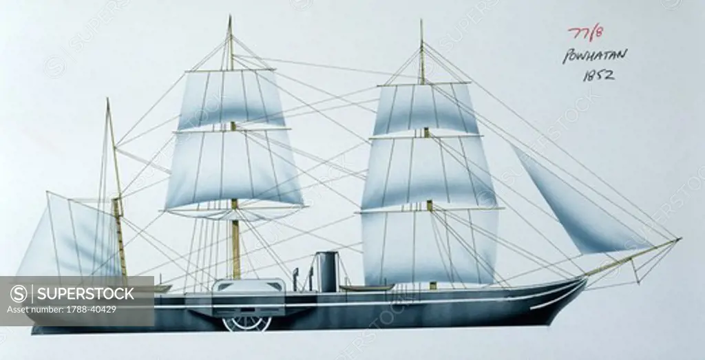 Naval ships - United States Navy sidewheel steam frigate USS Powhatan, 1850. Color illustration