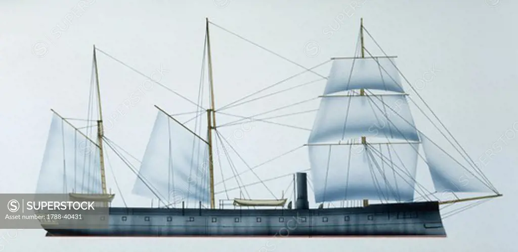 Naval ships - Italy's Regia Marina battleship RN Principe di Carignano, 1863. Color illustration