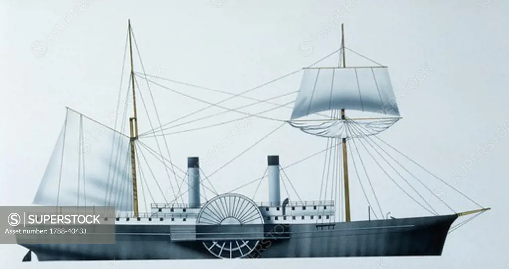 Naval ships - United States. Union Navy side wheel steamer USS Quaker City, 1854. Color illustration
