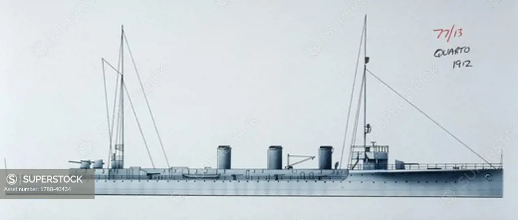 Naval ships - Italy's Regia Marina scout cruiser RN Quarto, 1911. Color illustration