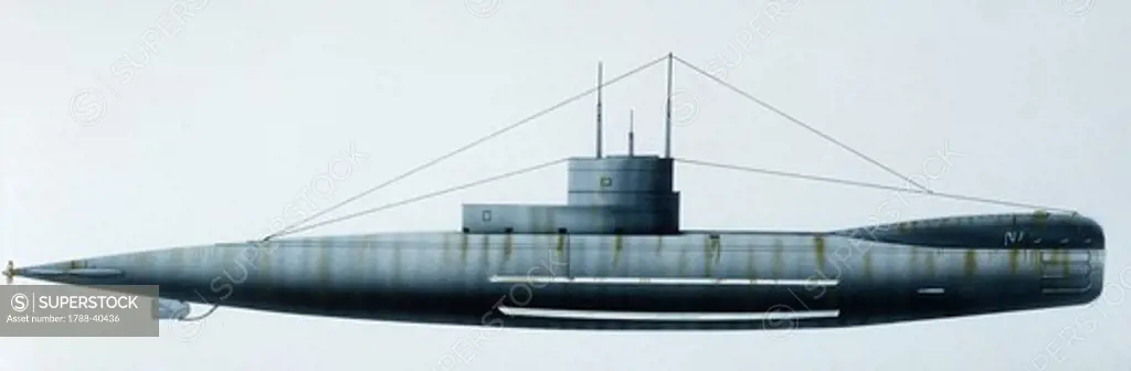 Naval ships - British Royal Navy submarine HMS R1, 1918. Color illustration