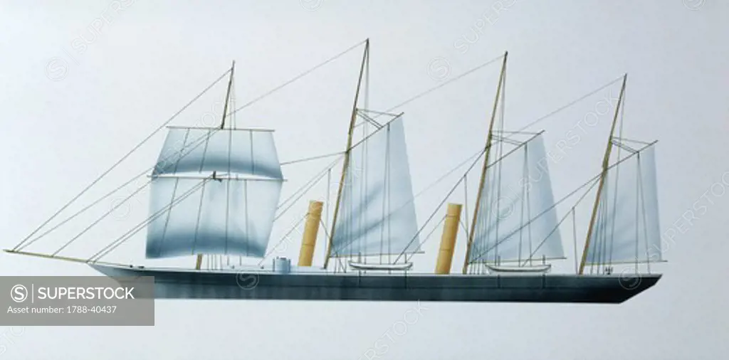 Naval ships - Italy's Regia Marina dispacher screw craft RN Rapido, 1876. Color illustration