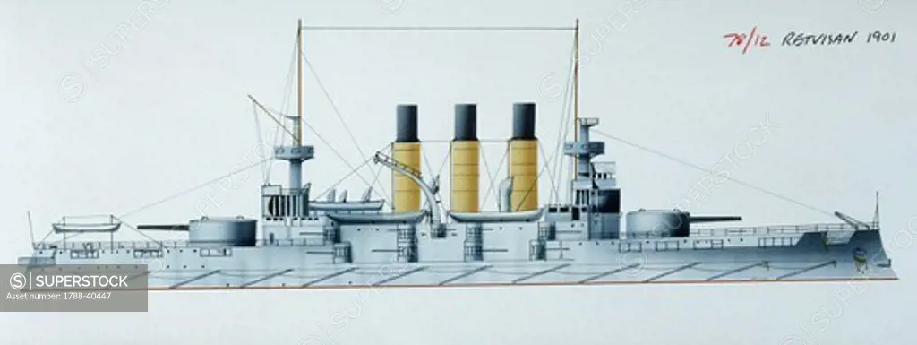 Naval ships - Imperial Russian Navy battleship Retvisan, 1900. Color illustration