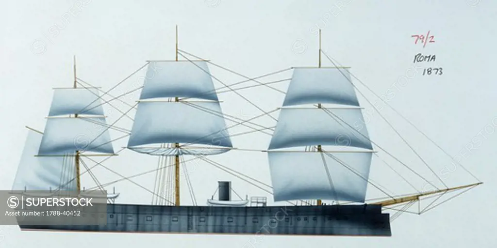 Naval ships - Italy's Regia Marina armored steam frigate RN Roma, 1865. Color illustration
