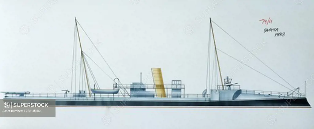 Naval ships - Italy's Regia Marina dispatcher torpedo craft RN Saetta, 1887. Color illustration