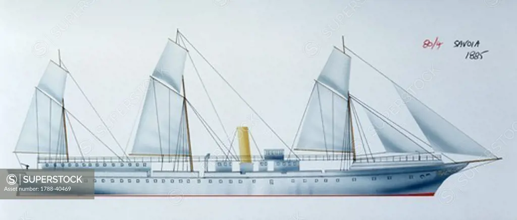 Naval ships - Italy's Regia Marina cruiser RN Savoia, 1883. Color illustration