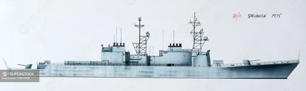 Naval ships - United States Navy destroyer USS Spruance, 1973. Color illustration