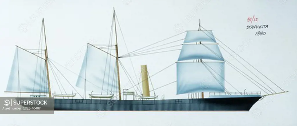 Naval ships - Italy's Regia Marina dispatcher screw craft RN Staffetta, 1876. Color illustration