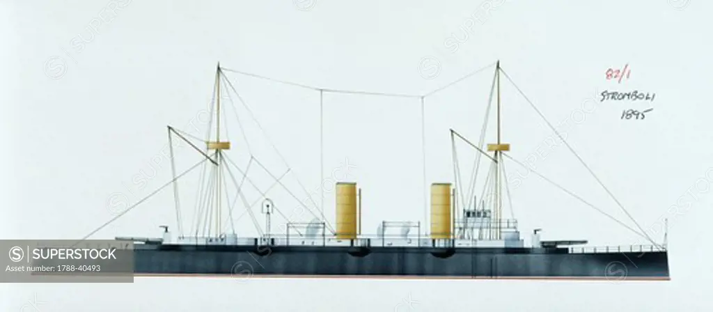 Naval ships - Italy's Regia Marina torpedo ram RN Stromboli, 1886. Color illustration