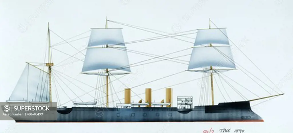 Naval ships - France's Marine Nationale protected cruiser Tage, 1886. Color illustration