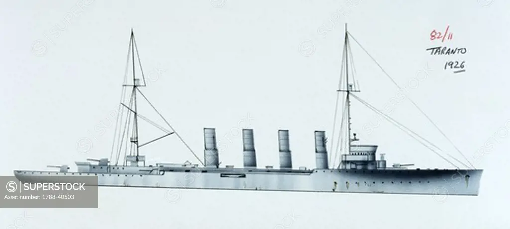 Naval ships - Italy's Regia Marina cruiser RN Taranto, 1911. Color illustration