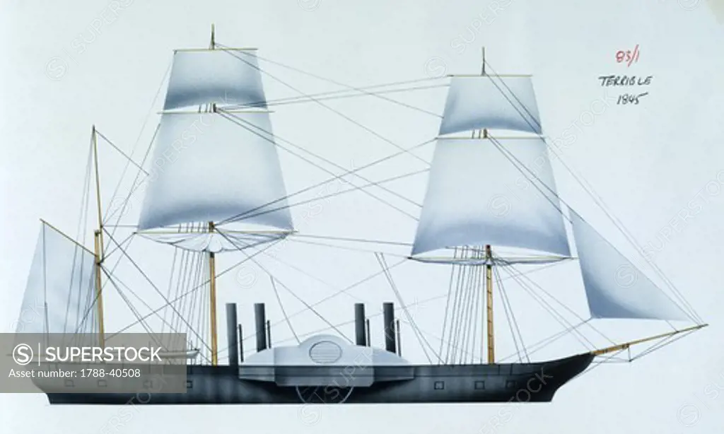 Naval ships - British Royal Navy paddle wheel frigate HMS Terrible, 1845. Color illustration