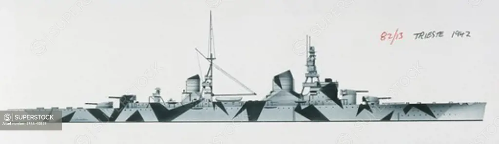 Naval ships - Italy's Regia Marina heavy cruiser RN Trieste, 1926. Color illustration