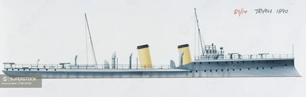 Naval ships - Italy's Regia Marina torpedo cruiser RN Tripoli, 1886. Color illustration