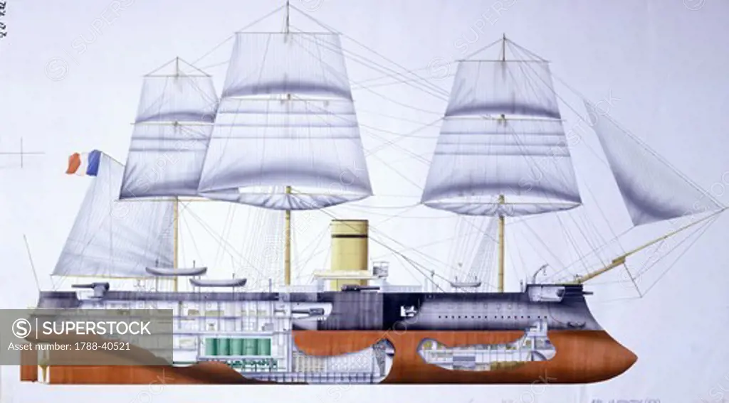 Naval ships - France's Marine Nationale battleship Redoutable, 1876. Color illustration