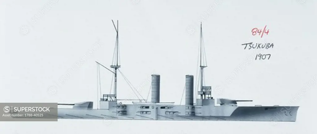 Naval ships - Imperial Japanese Navy armored cruiser Tsukuba, 1905. Color illustration
