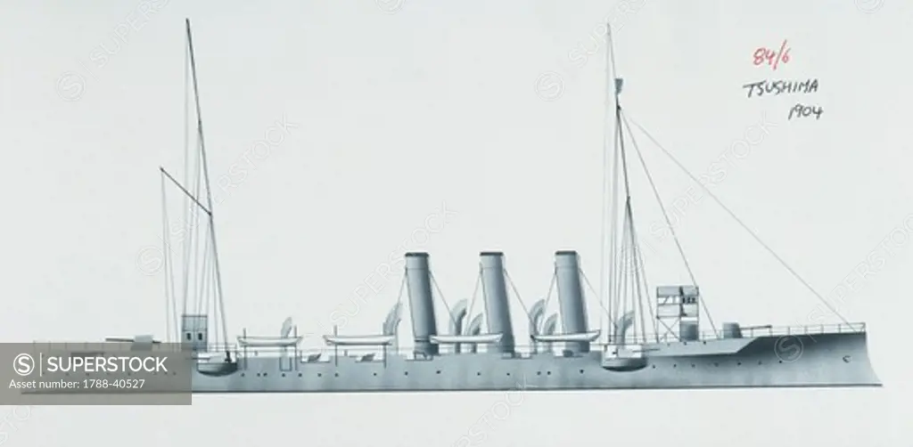 Naval ships - Imperial Japanese Navy protected cruiser Tsushima, 1902. Color illustration