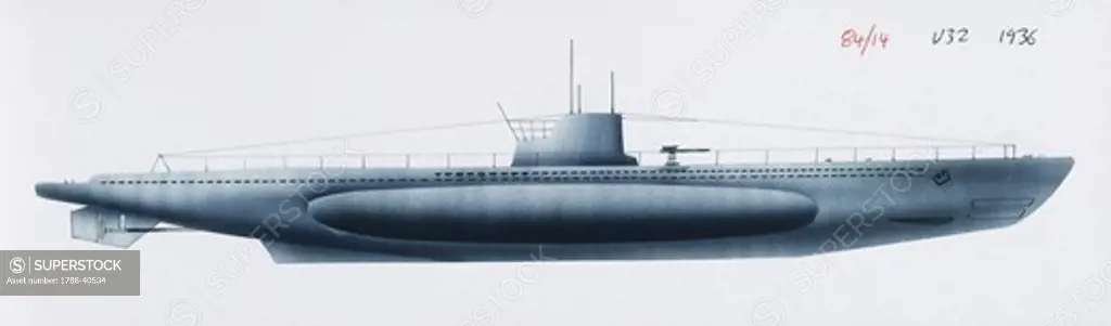 Naval ships - German Kriegsmarine U-boat U32, 1937. Color illustration