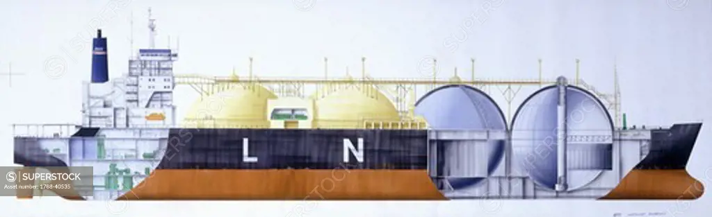 Marine transportation - Anglo-Australian/Japanese shell tanker LNG carrier ""Northwest Sanderling"", 1989. Illustrated cutaway view