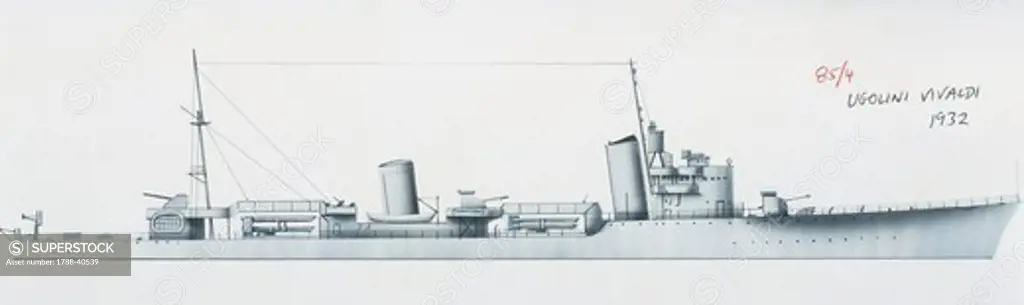 Naval ships - Italy's Regia Marina destroyer RN Ugolino Vivaldi, 1929. Color illustration