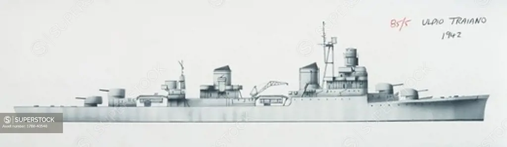 Naval ships - Italy's Regia Marina light cruiser RN Ulpio Traiano, 1942. Color illustration