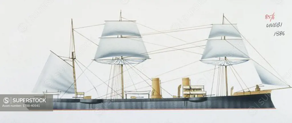 Naval ships - Imperial Japanese Navy protected cruiser Unebi, 1886. Color illustration