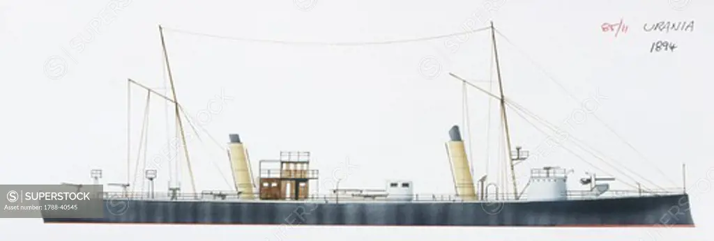 Naval ships - Italy's Regia Marina torpedo cruiser RN Urania, 1891. Color illustration