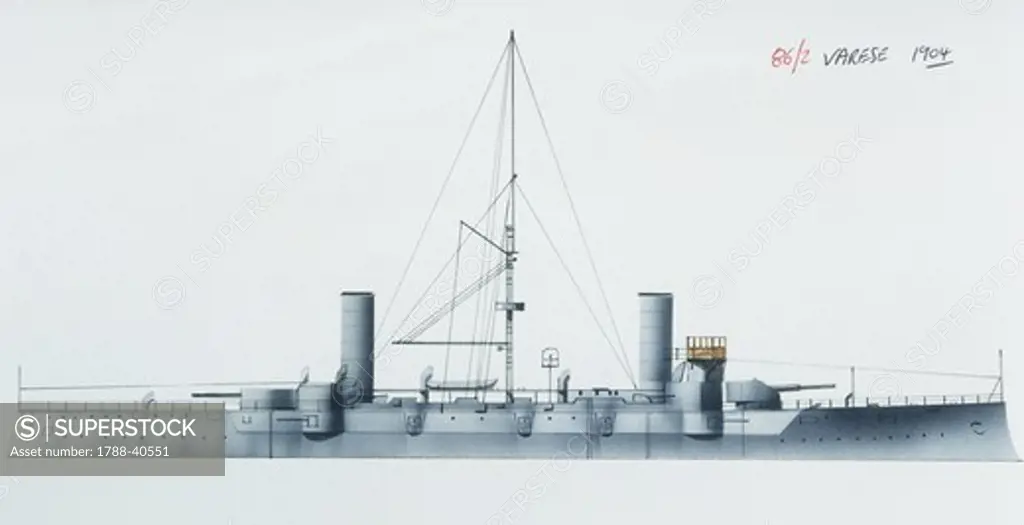 Naval ships - Italy's Regia Marina armored cruiser RN Varese, 1899. Color illustration