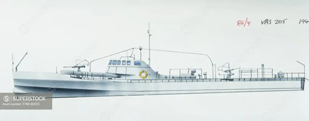 Naval ships - Italy's Regia Marina anti-submarine patrol craft VAS 205, 1942. Color illustration