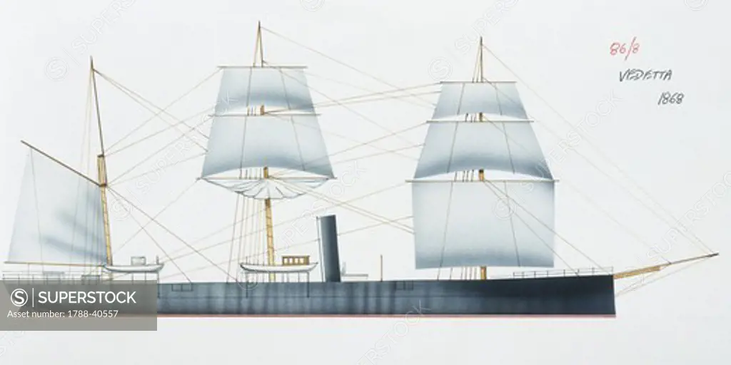 Naval ships - Italy's Regia Marina dispatcher RN Vedetta, 1866. Color illustration