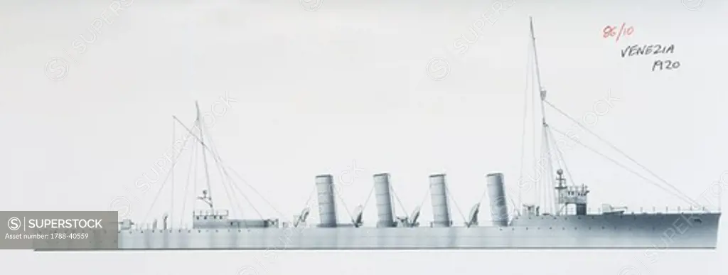 Naval ships - Italy's Regia Marina scout cruiser RN Venezia, 1912. Color illustration