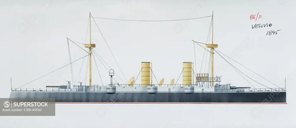 Naval ships - Italy's Regia Marina torpedo ram RN Vesuvio, 1886. Color illustration