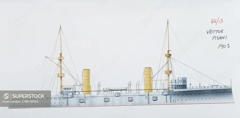 Naval ships - Italy's Regia Marina armored cruiser RN Vettor Pisani, 1895. Color illustration