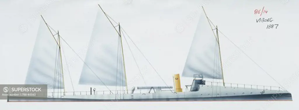 Naval ships - Imperial Russian Navy torpedo craft Vyborg, 1886. Color illustration