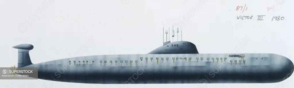 Naval ships - Soviet Navy class attack submarine. Color illustration