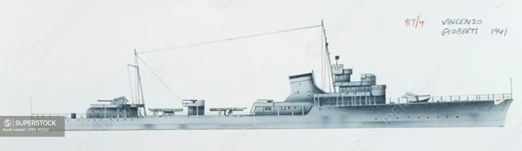 Naval ships - Italy's Regia Marina destroyer RN Vincenzo Gioberti, 1936. Color illustration