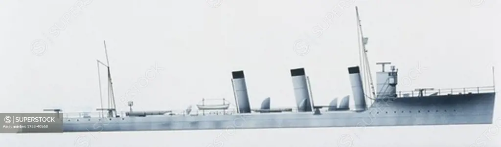 Naval ships - Italy's Regia Marina destroyer RN Vincenzo Giordano Orsini, 1918. Color illustration