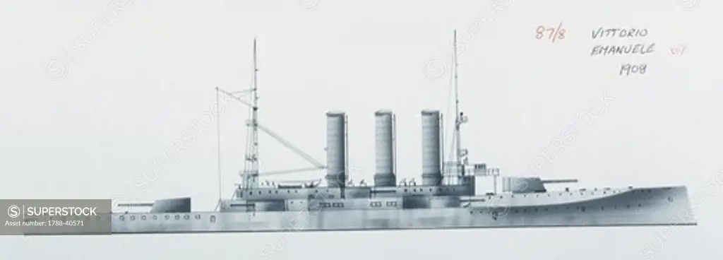 Naval ships - Italy's Regia Marina battleship RN Vittorio Emanuele, 1904. Color illustration