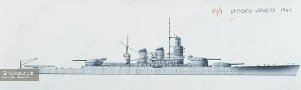 Naval ships - Italy's Regia Marina battleship RN Vittorio Veneto, 1937. Color illustration