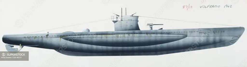 Naval ships - Italy's Regia Marina submarine RN Volframio, 1941. Color illustration