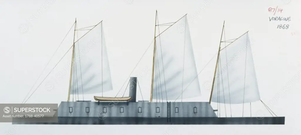 Naval ships - Italy's Regia Marina battery ironclad RN Voragine, 1866. Color illustration