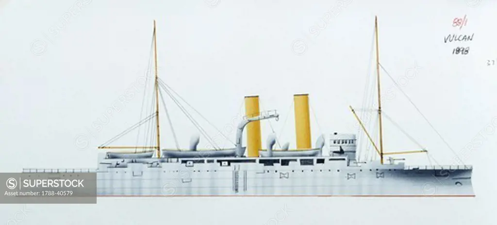 Naval ships - British Royal Navy torpedo craft depot ship HMS Vulcan, 1889. Color illustration