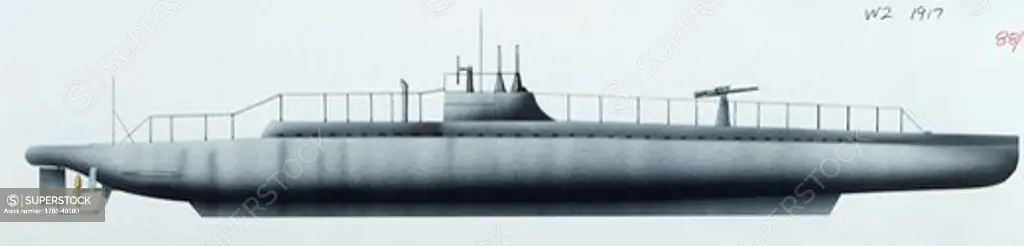 Naval ships - Italy's Regia Marina submarine RN W2, 1915. Color illustration