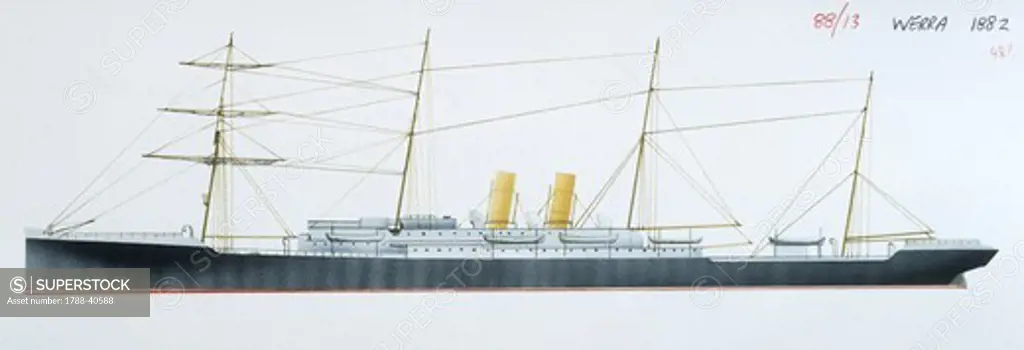 Marine transportation - German ocean liner Norddeutescher Lloyd's SS Werra, 1882. Color illustration