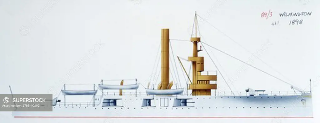 Naval ships - United States Navy gunboat USS Wilmington, 1895. Color illustration