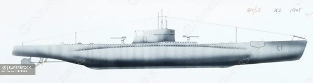 Naval ships - British Royal Navy submarine HMS X2, 1934. Color illustration