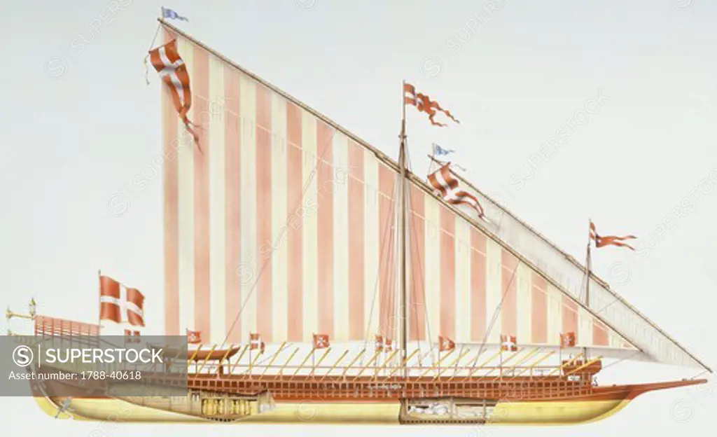Naval ships - Galley, 18th century. Color illustration